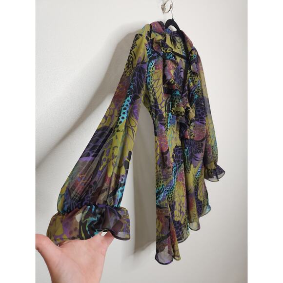 Vintage y2k Bisou Bisou Long Sleeve Flowy All Over Animal Print Sheer Ruffles - Picture 2 of 6